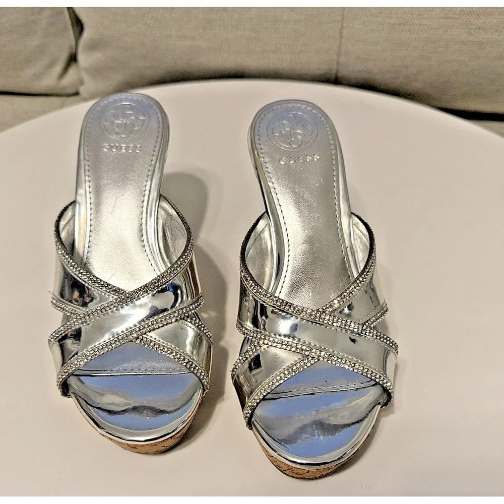 Guess Eleonora Silver Wedge Sandal Size 6M Lightly Used